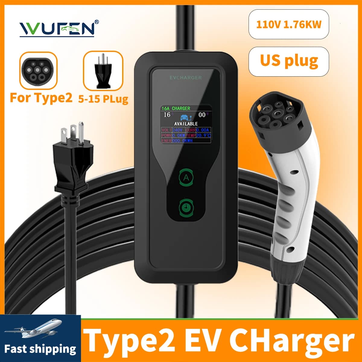 WUFEN For Mexico NAME 5-15 PLug EV Portable Charger 3.5m/5m Type2 Plug Connector 16A 1P 1.76KW Type2 for GEELY VoLvo EVSE Car