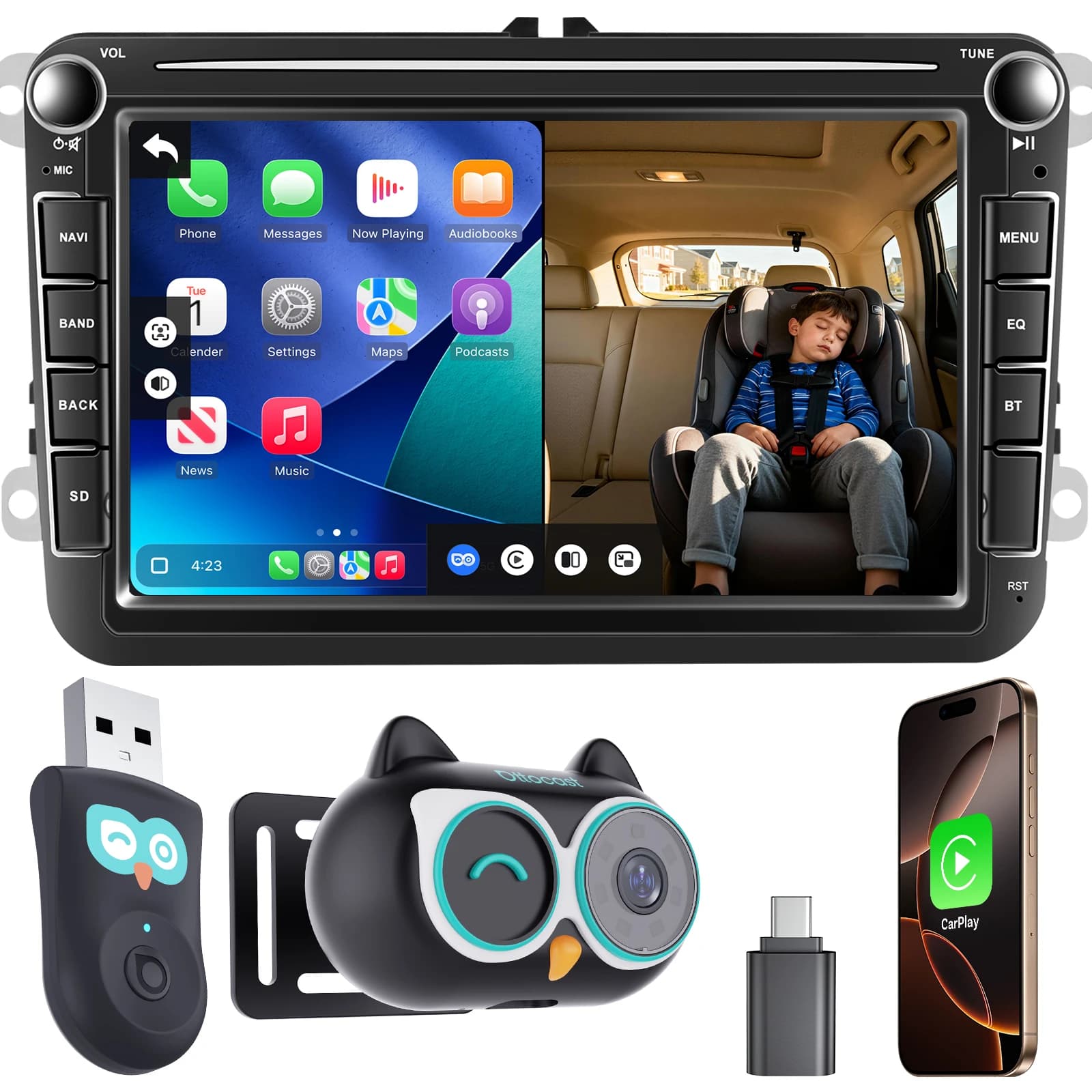 OTTOCAST Cabin Care Adattatore Wireless CarPlay Baby Camera 1080P HD 150 ° Monitor per sedile posteriore in tempo reale con visione notturna con visione grandangolare