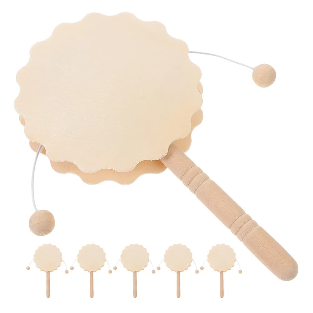 6Pcs DIY Unfinished Wood Rattle Drum Hand Painted Music Instrument Birthday Party Decor Educational Orff Musical Activity