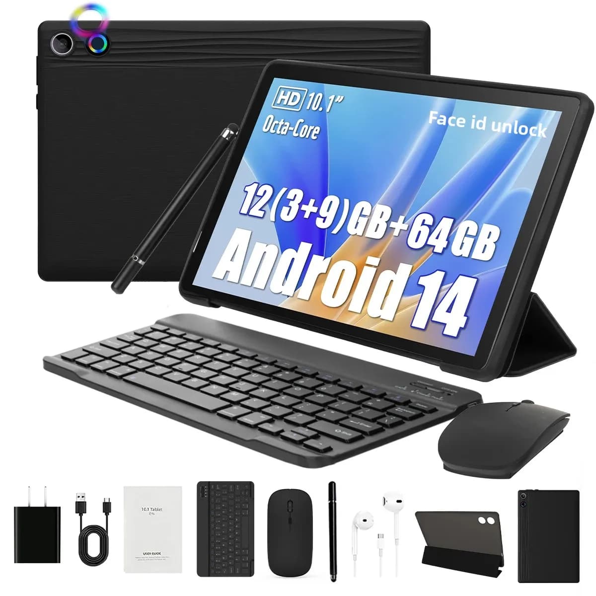 Tablet URAO Android 14 da 10 Pollici, 12GB RAM, 64GB ROM Espandibile a 1TB, Widevine L1, Batteria 5000mAh, Set con Stilo, Tastiera, Mouse, Cuffie e Custodia