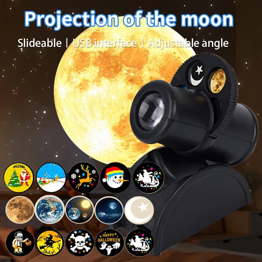 Lampada per proiezione lunare USB Proiettore pianeta Luce notturna a LED sostituibile Terra Natale Halloween Sfondo Atmosfera Lampade da parete