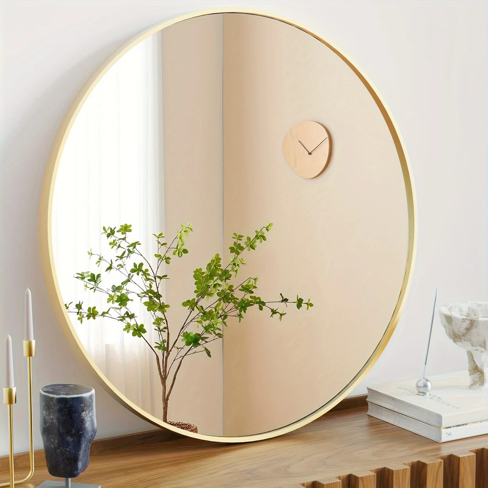 Specchio da parete moderno a forma di cerchio con elegante cornice rotonda in lega di alluminio, perfetto per camera da letto o bagno, 20 pollici, 24 pollici, 30 pollici, nero dorato