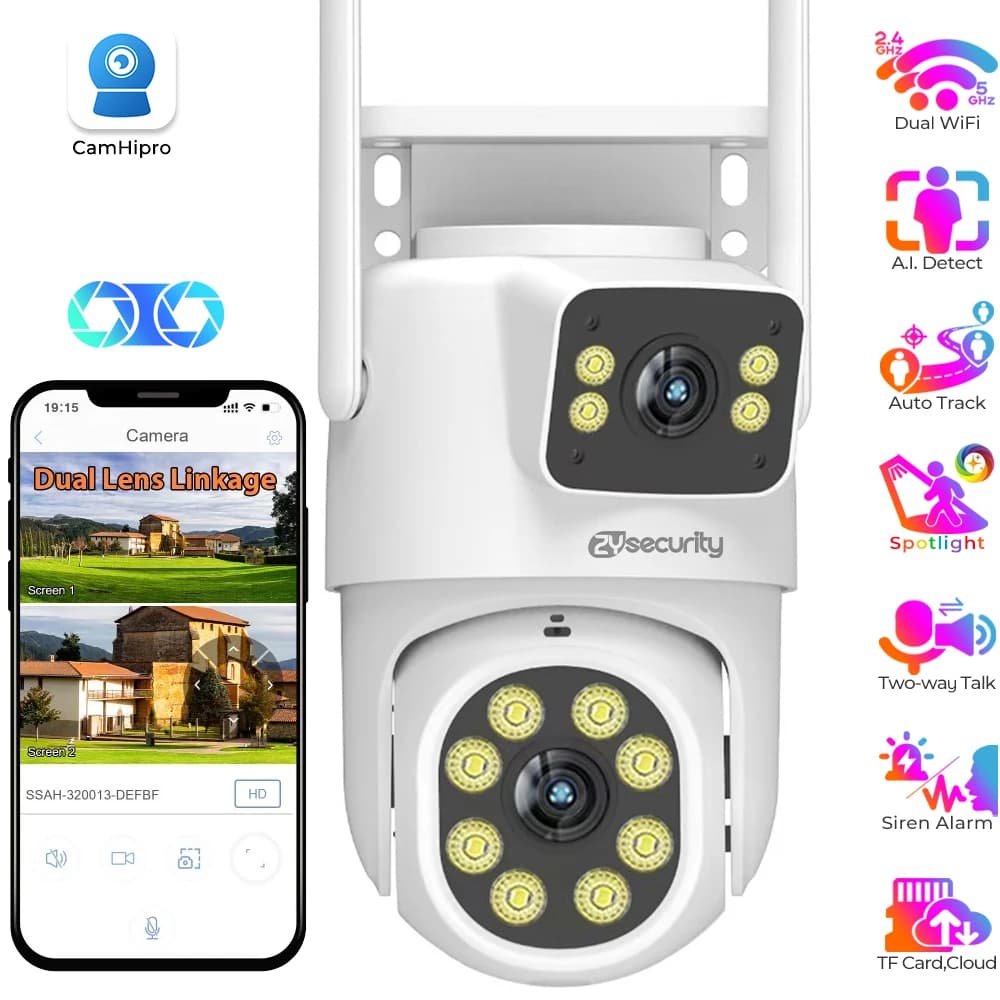 Telecamera di sicurezza a doppio obiettivo da 2MP + 2MP Telecamera IP PTZ WiFi esterna AI Rilevamento umano Monitoraggio automatico Telecamera CCTV wireless App CamHipro