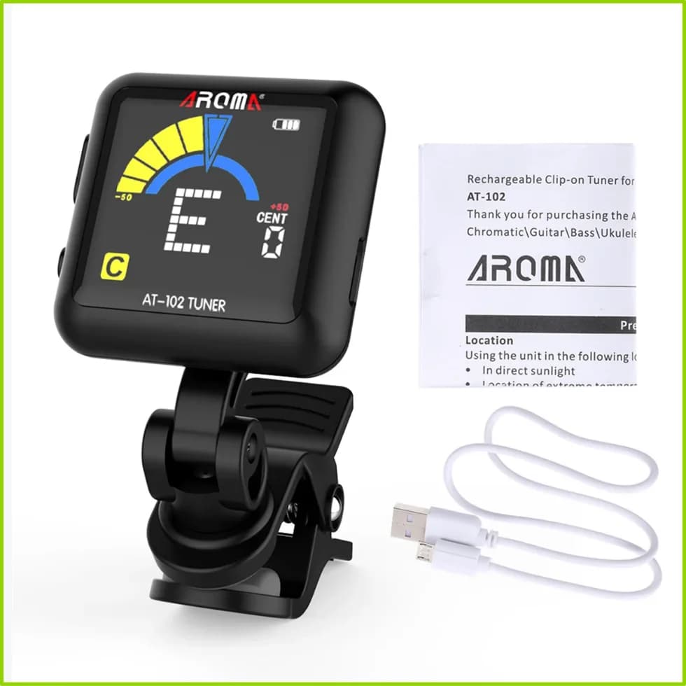 AROMA Accordatore ricaricabile AT-102 Nero, batteria integrata ricaricabile tramite USB LCD grande da 360 gradi per chitarra/bassi/ukulele/violino