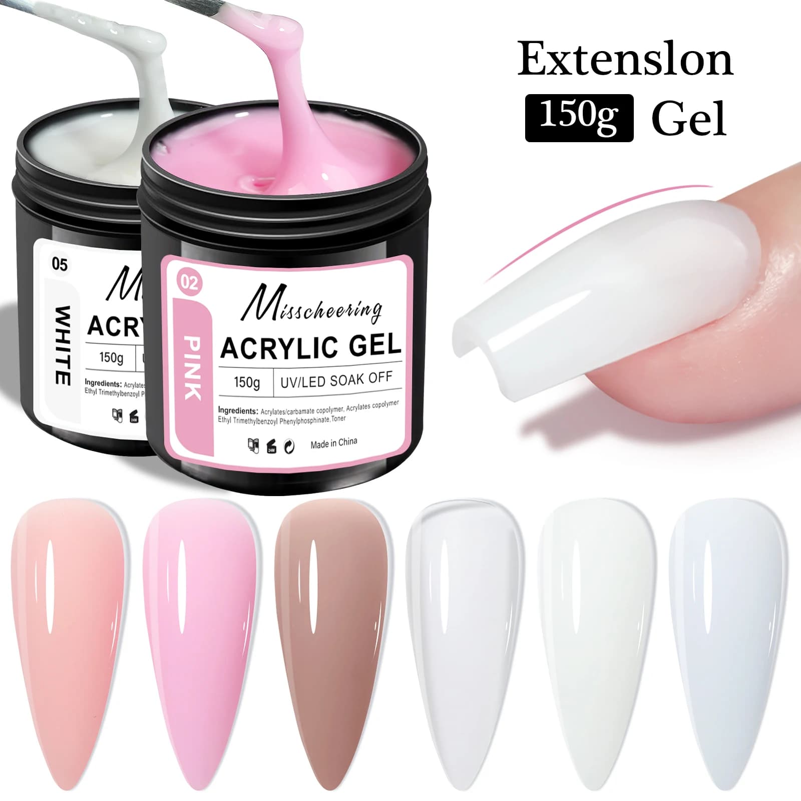 Misscheering Acrylic Gel 5-in-1 15g for UV LED Nail Extension, Modeling Gel and Transparent/Rosa/Piccione Repairer, Long life 28+ Days