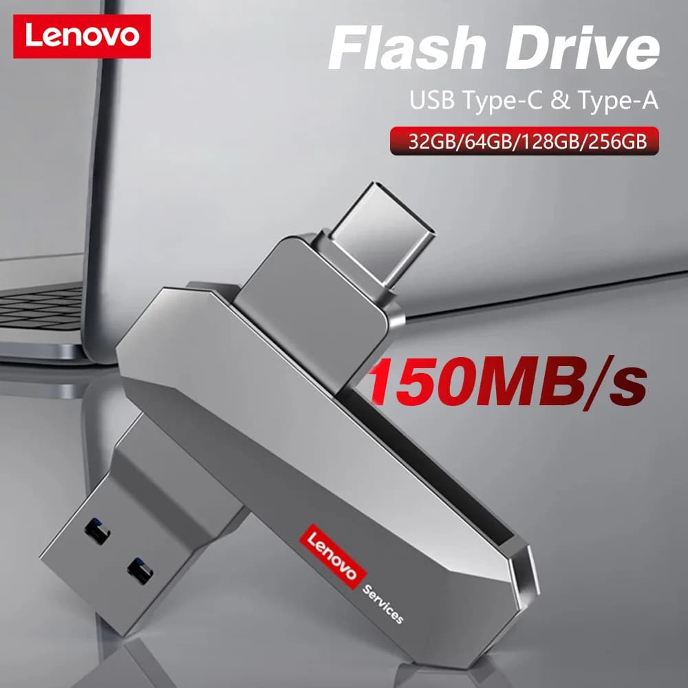 Lenovo USB 3.2 Type-C Doppia chiavetta 32/64/128/256 GB, ditale con design girevole con alloggiamento in metallo, velocità di lettura 150 MB/s, E510