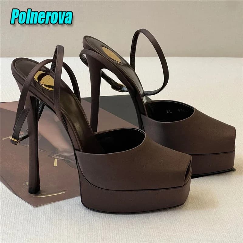 Women's Sexy Sandals with Open Toe in Satin, High Heel 12CM, Plateau and Ankle Strap, Elegant Shoes for Party and Banquets