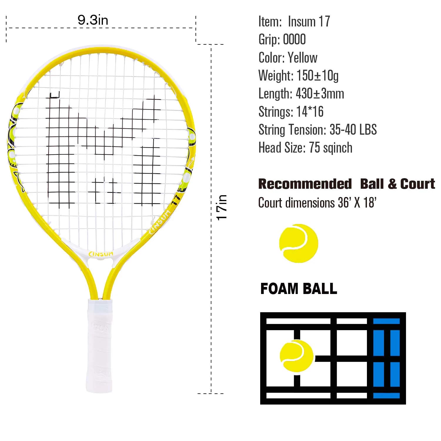 Racchette da tennis leggere per bambini da 17 pollici per 2-3 anni, con 1 racchetta da tennis e borsa con tracolla Racchetta da tennis per sport all'aperto/interni