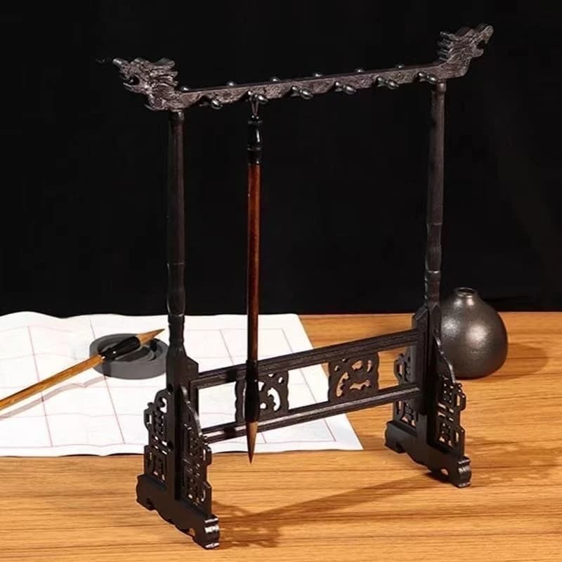Wenge Wood Calligraphy Brush Holder Hanger Stand Rack for Chinese Painting Desk Decoration Beginner Set with Resin Base