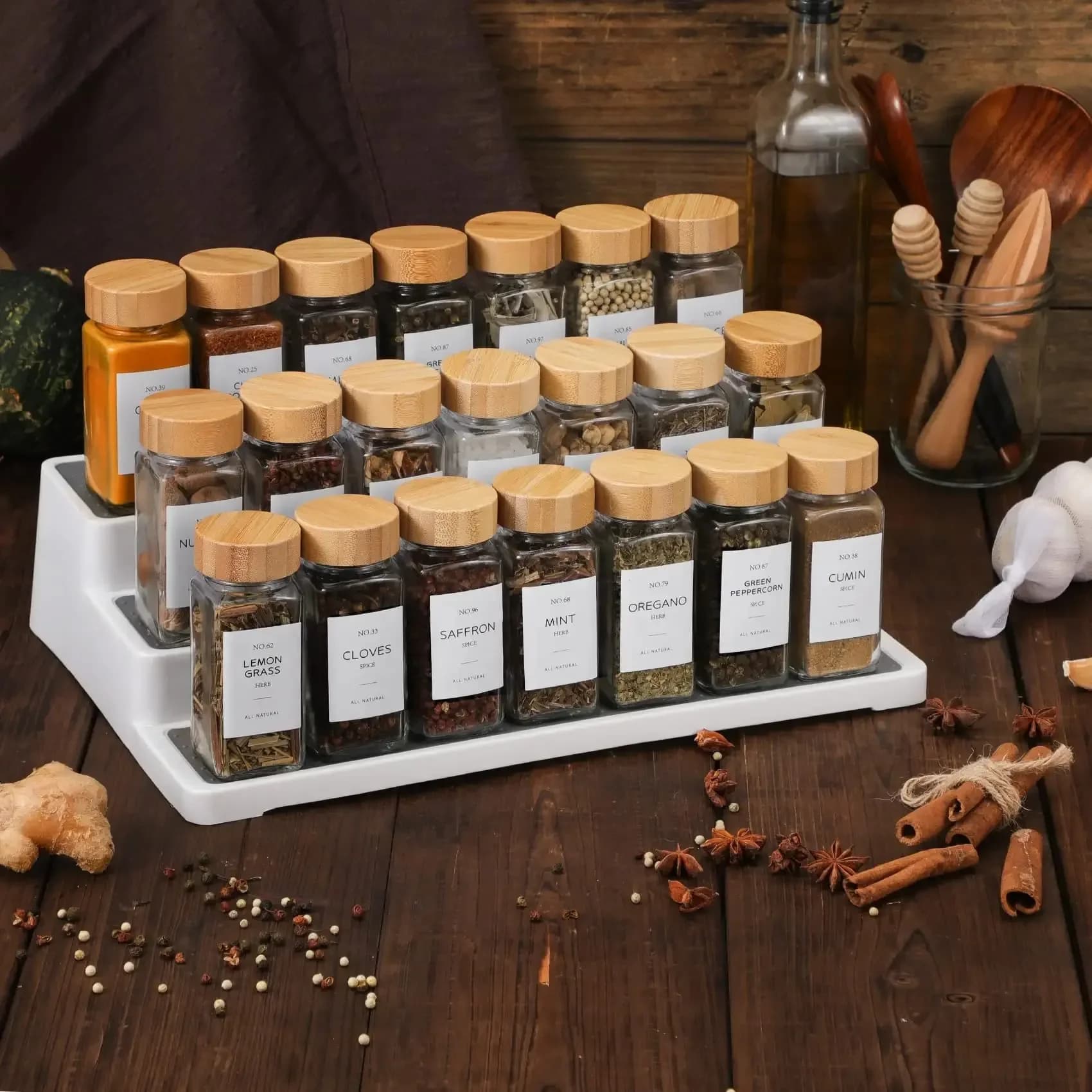 6/12/24 pezzi barattoli di spezie in vetro con coperchio in bambù contenitori per condimenti per spezie sale pepe agitatori organizzatore di spezie Set di barattoli di spezie da cucina