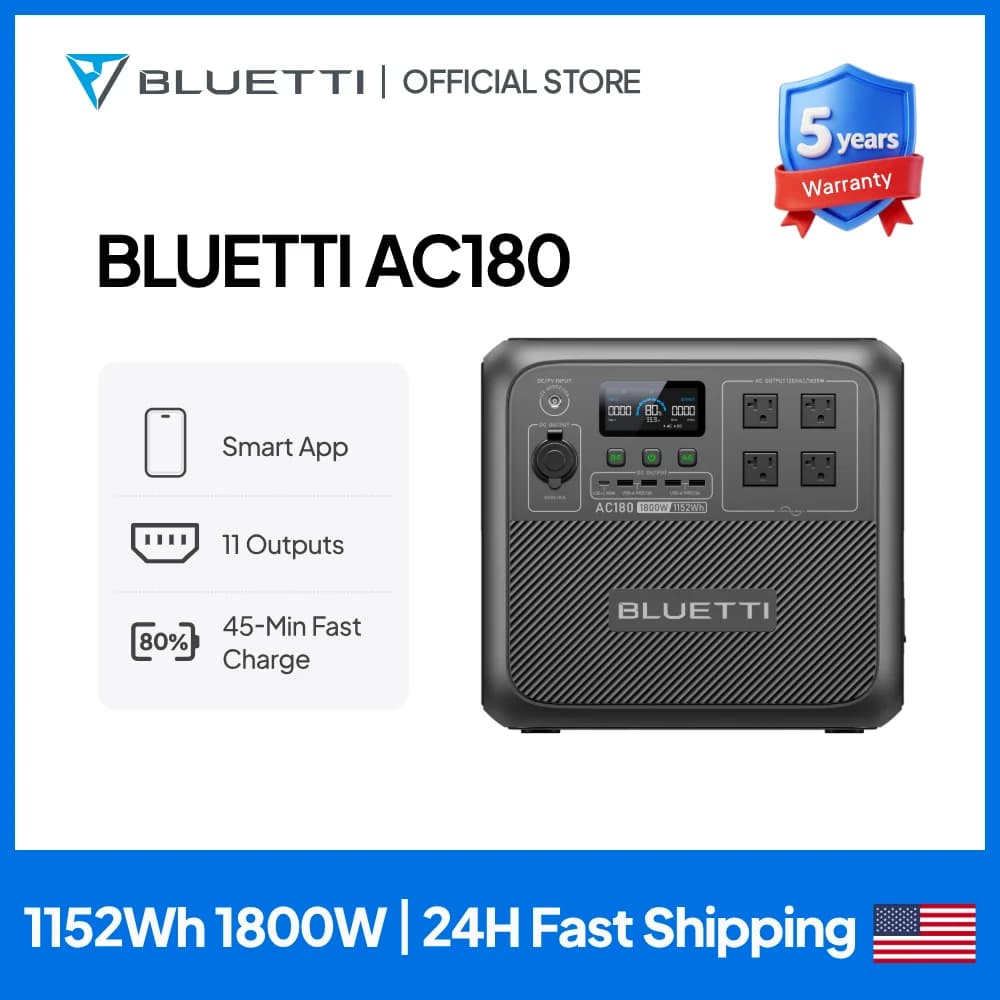 【Brand New】BLUETTI AC180 1152Wh 1800W Portable Power Station 2700W Surge LiFePO4 Pure Sine Wave 45 Mins Fast Charging Four Ways Recharge APP Control Energy Storage for Camping RV Van Life Home Emergency Blackout Off Grid Job Site