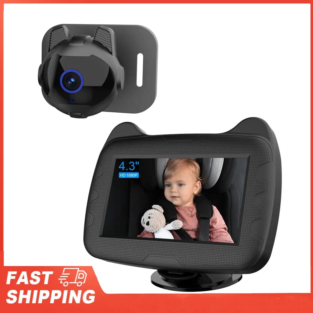 Specchio per auto per bambini con funzione di visione notturna da 4,3 pollici Display Telecamera per seggiolino auto di sicurezza 1080P con ampia vista cristallina Osservare facilmente
