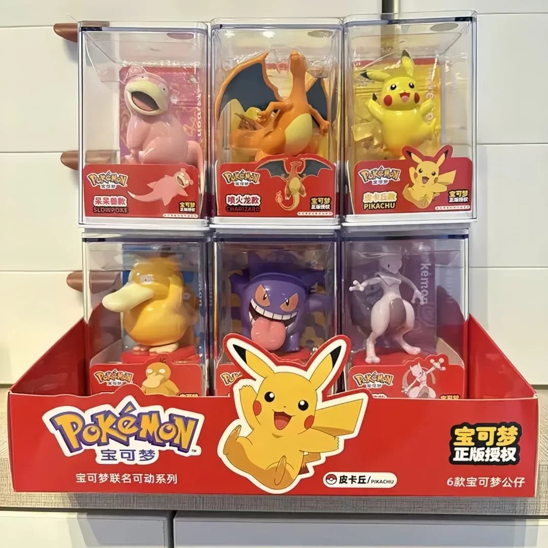 Scatola cieca originale Pokemon Action Figure Set da 6 pezzi, Pikachu Gengar Dragonite con collezione di vetrine in acrilico Giocattoli per bambini