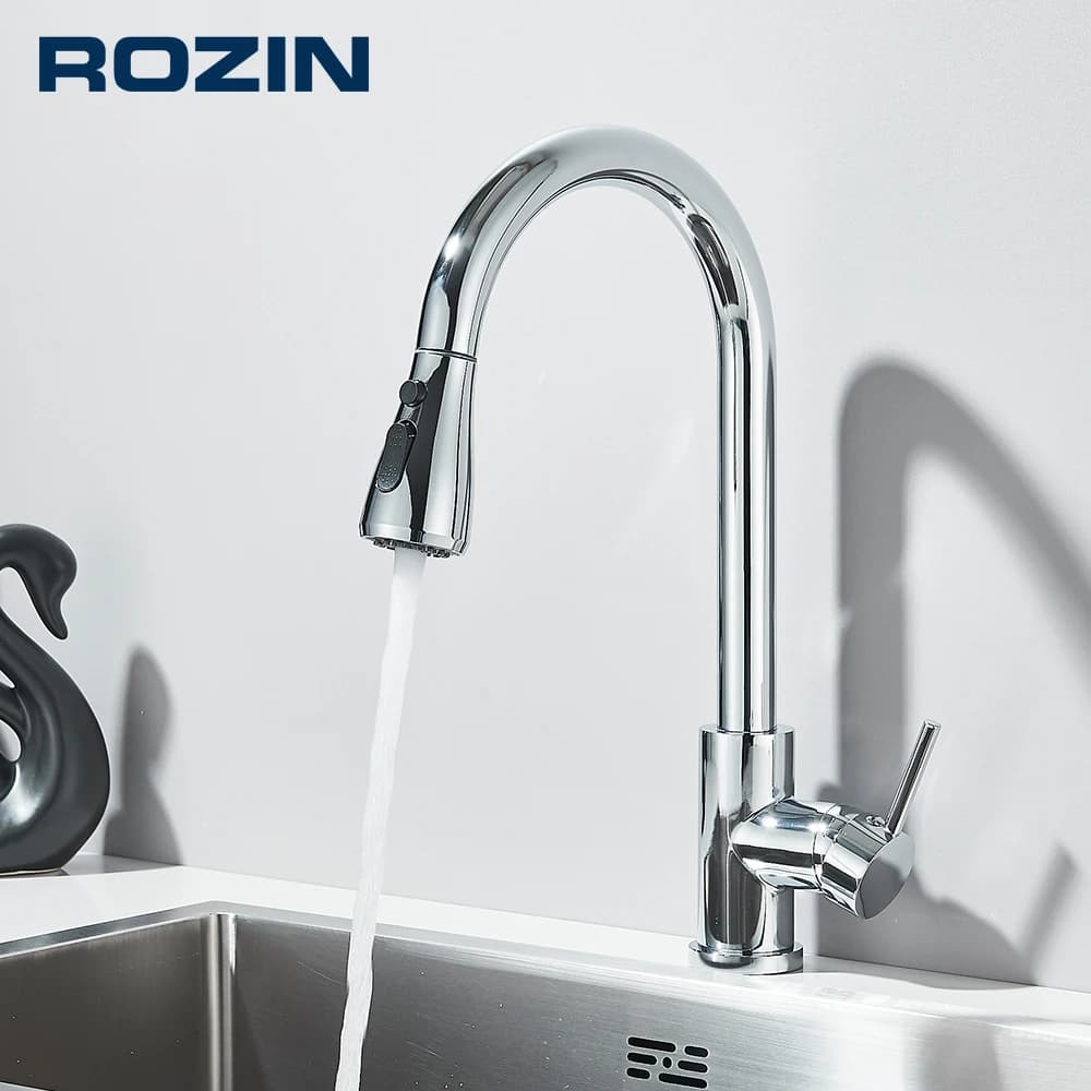 Rozin Rubinetto da cucina cromato Rubinetto estraibile montato su piano Miscelatore per lavello da cucina Rubinetto miscelatore con ugello spruzzatore a flusso singolo