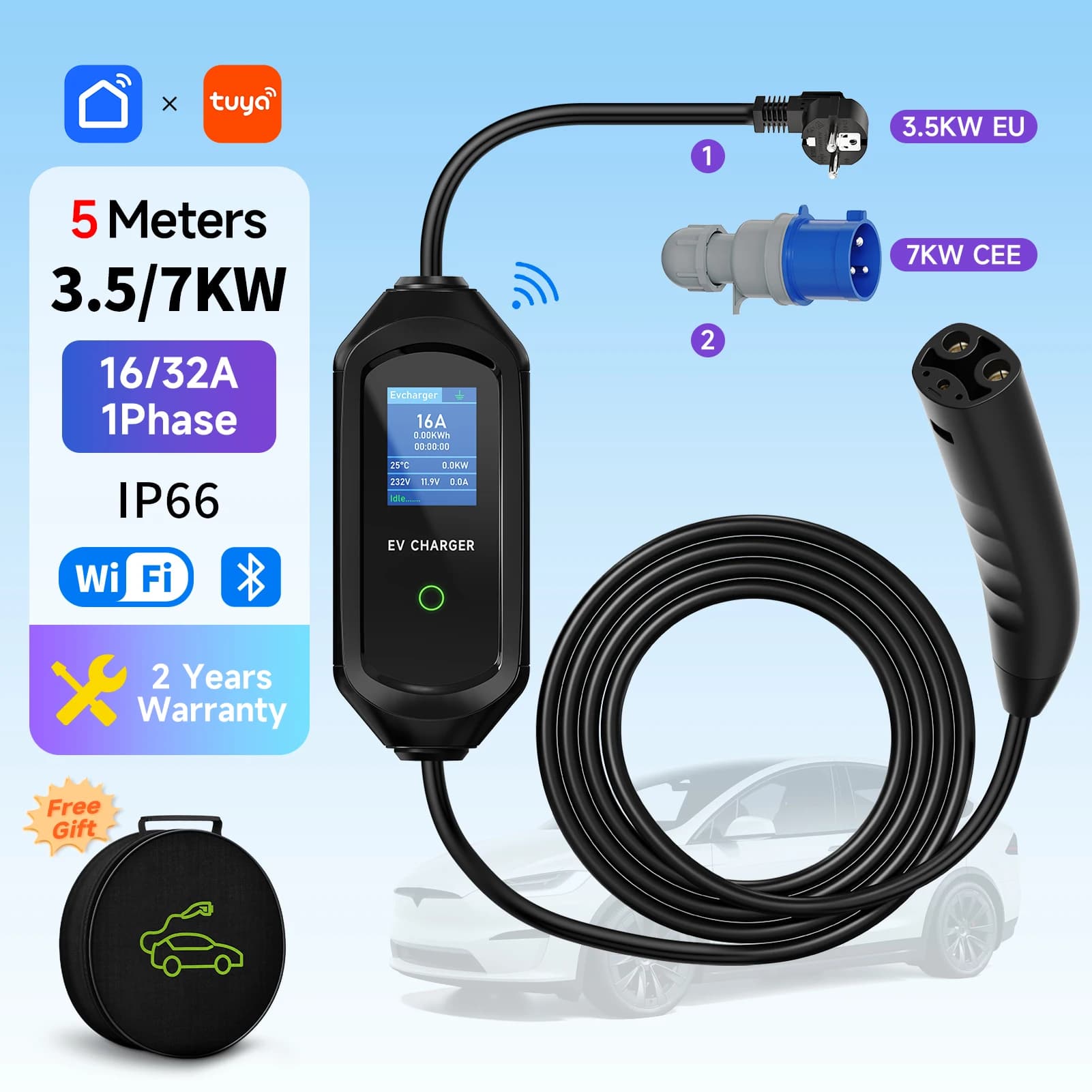 Caricatore EV portatile da 3,5KW per Tesla Model 3/X/Y/S 7KW Caricatore per auto elettrica NACS Cavo di ricarica veloce WiFi APP Controllo Bluetooth