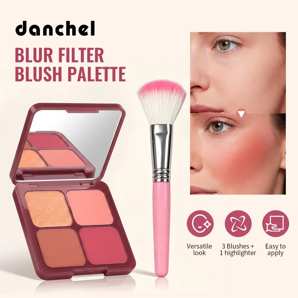 2pcs Blur Filter Blush Palette With Blush Brush 4 Color Matte Highlighter Palette Long-Lasting Makeup Cosmetics for Face Cheek