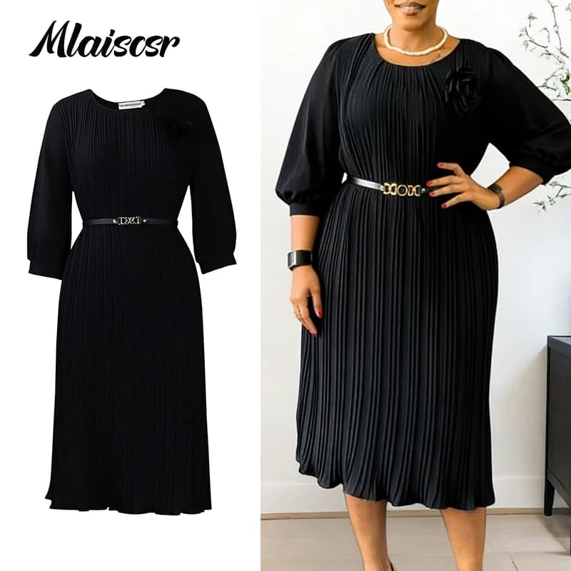 Mlaiscsr O Neck Seven Sleeve Black Medium Dress Women's High Waist 3D Flower Telai Elegant African Pleated Evening Dress Spring Autumn