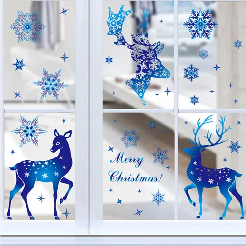 Adesivi per finestre di Natale Alce Blu Fiocco di neve Adesivo da parete fai da te 2024 Decorazioni natalizie per la casa 2025 Ornamenti di Capodanno Regali
