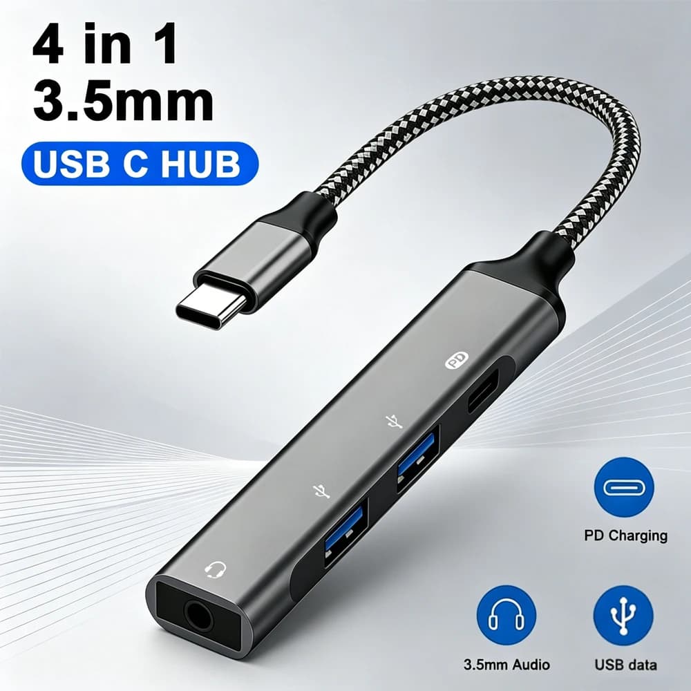 Hub USB C 4 in 1 con ricarica PD, adattatore jack da 3,5 mm, convertitore cavo USB 3.0 2.0 per Macbook, HUAWEI, Xiaomi