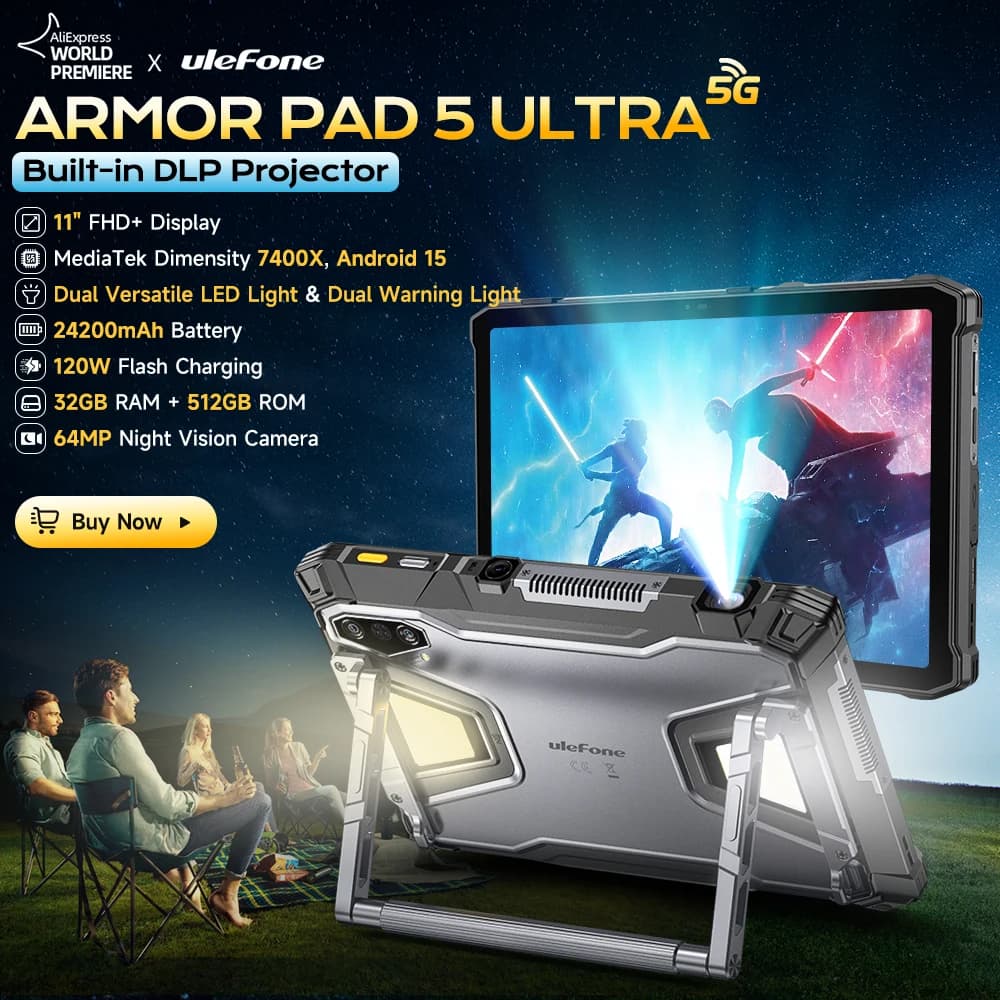 Ulefone Armor Pad 5 Ultra 5G Rugged Tablet Portable Projector 200LM 24200 mAh 120W Up to 12 GB + 512 GB Android 15 11" FHD 64 MP Night Vision Camera