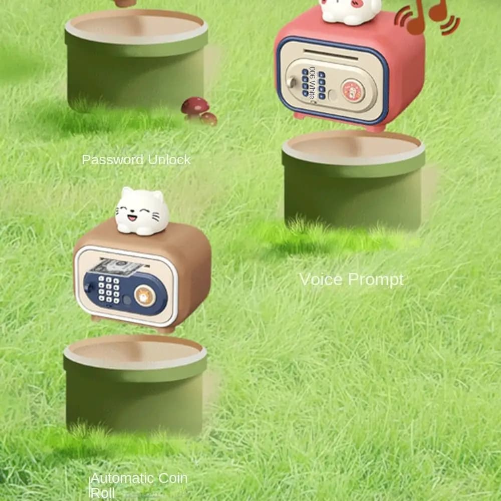 Password Lock Automatic Roll-Up Savings Bank Voice Reminder Fingerprint -Protected Smart Money Deposit Box Storage Box Cartoon