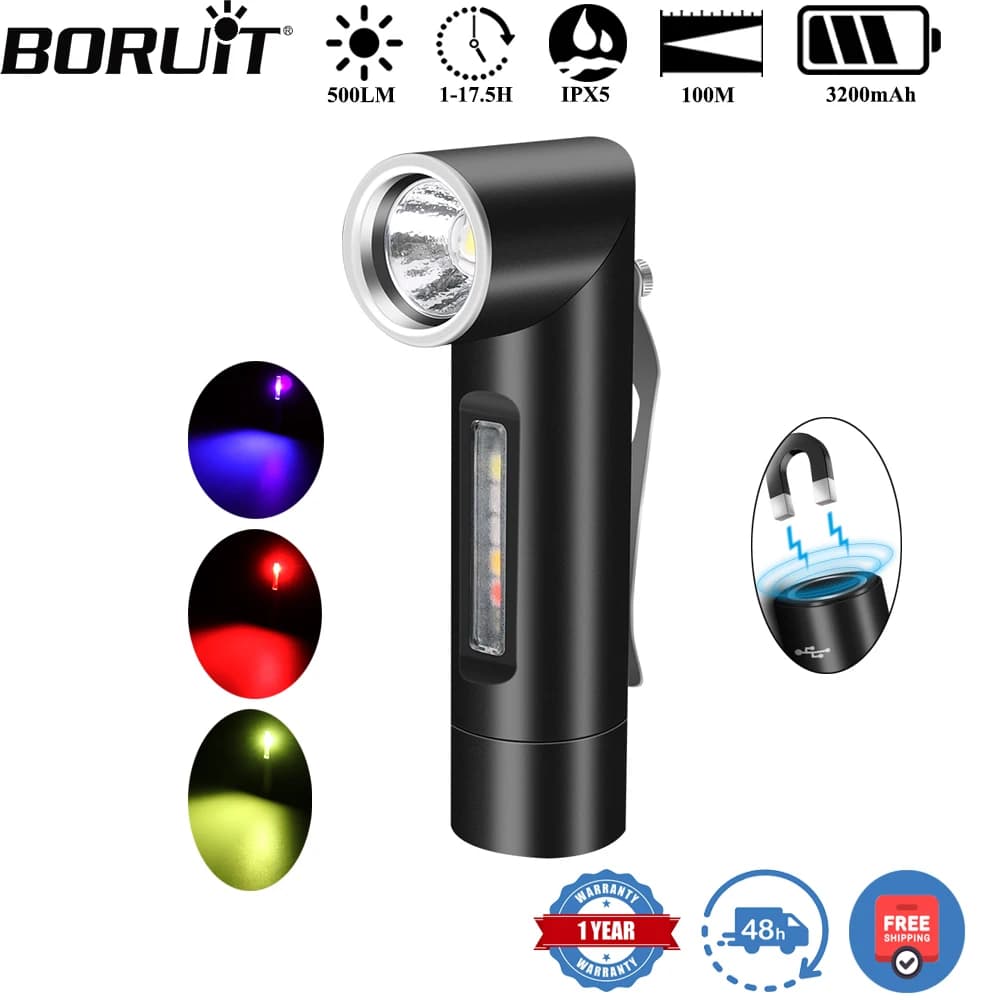 BORUiT V5S 500LM UV LED Torcia Testa Girevole Tipo-C Torcia Ricaricabile Luce da Lavoro con Magnete Lanterna da Campeggio Impermeabile