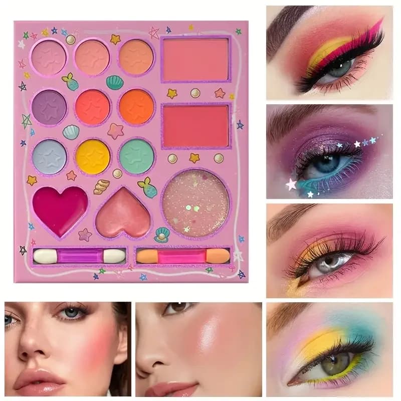 Tavolozza di trucco per cartoni animati a 14 colori, ombretto glitter rosa, paillettes opache e glitter fini, per il trucco quotidiano delle donne, feste natalizie