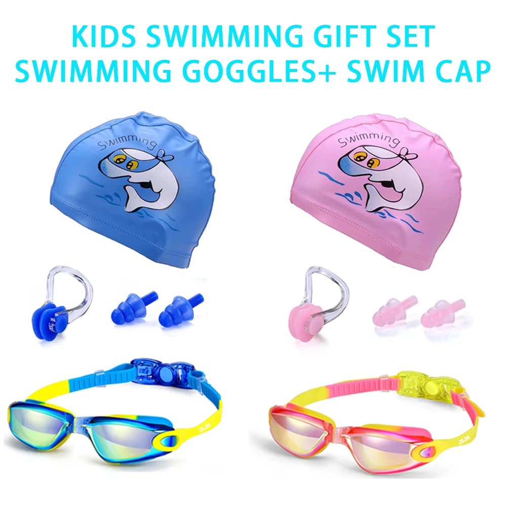 JSJM Silicone Swimwear for Colorful Kids UV Swimming Glasses Anti-spoke Children Silicone Swimming Glasses + PU Swimming Headset Gift Set