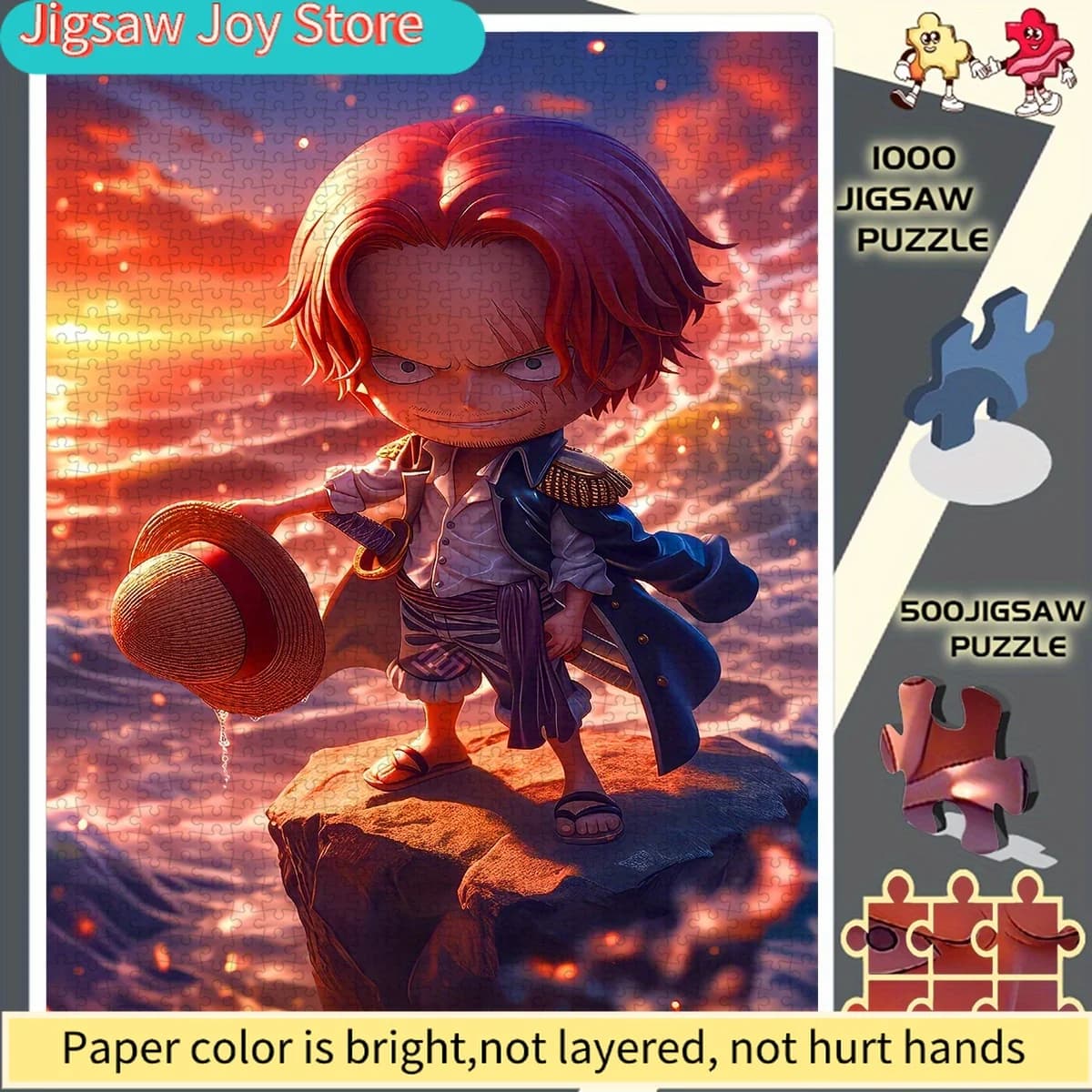 Red-Haired Shanks Q Version Sunset Seaside Rock Puzzle di carta fai-da-te senza cornice - Educativo, interattivo e creativo ad alta difficoltà
