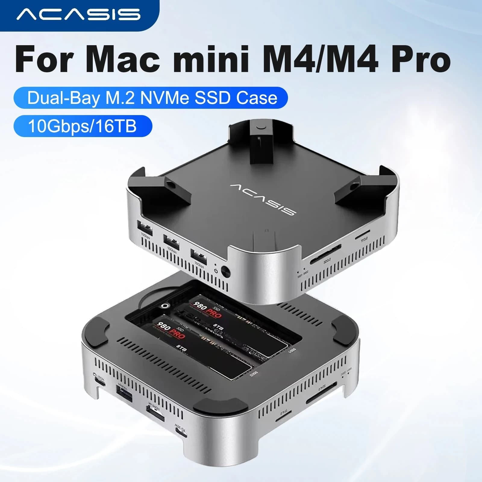 Acasis Docking Station USB-C 10Gbps con Doppio Slot per SSD M.2 NVMe fino a 16TB, HDMI, SD/TF 3.0 per Mac Mini M4/M4 Pro con Ventola di Raffreddamento
