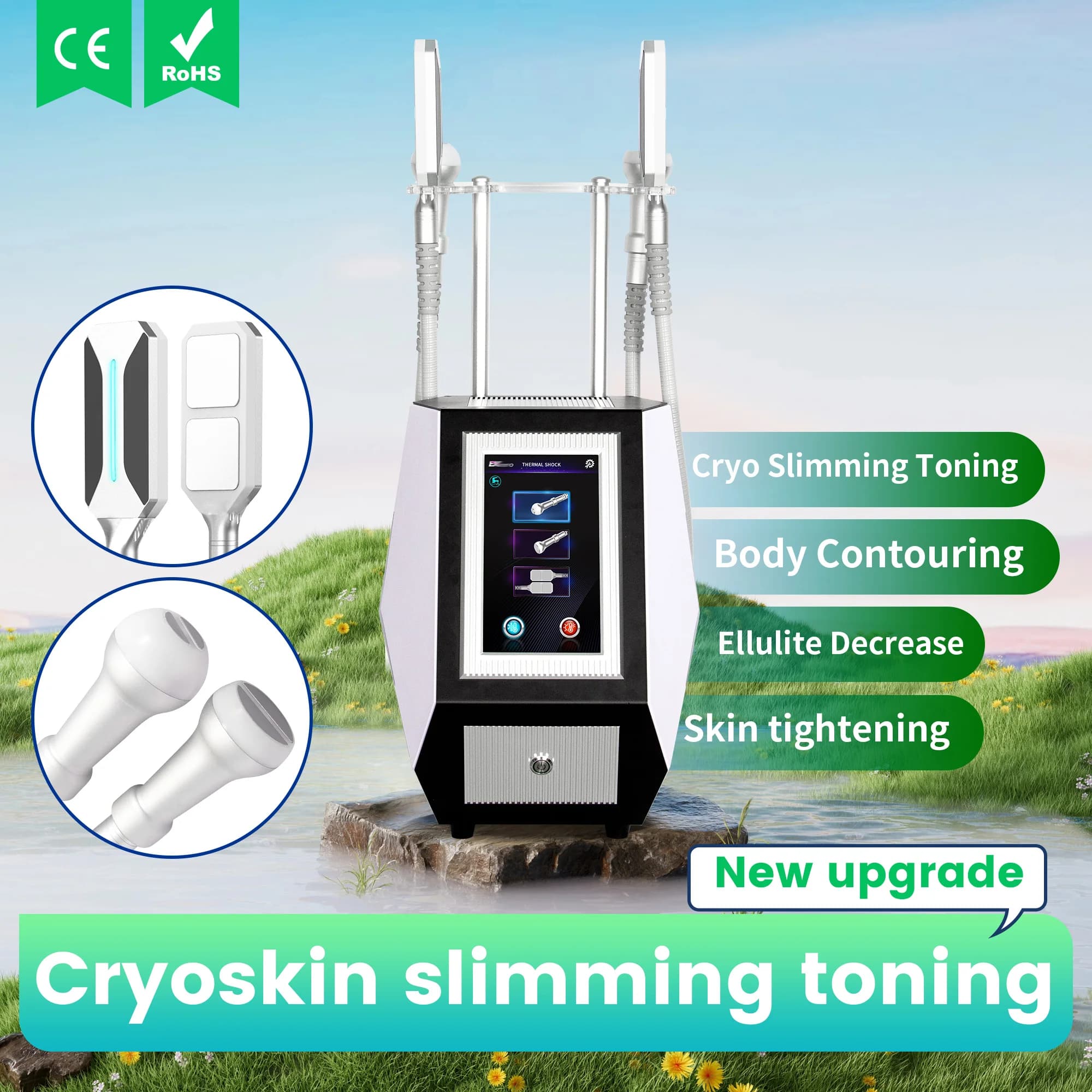 Nuova Macchina per Dimagrimento e Tonificazione Cryoskin con 2 Testine Rotonde e 2 Piastre Refrigeranti per Modellamento del Corpo e Ringiovanimento del Viso