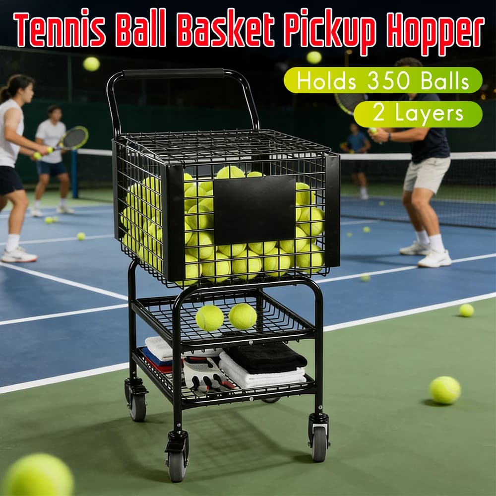 Carrello Portapalline da Tennis con Ruote, Capacità 350 Palline, 2 Livelli, Facile da Caricare, per Allenatori e Allenamento sul Campo