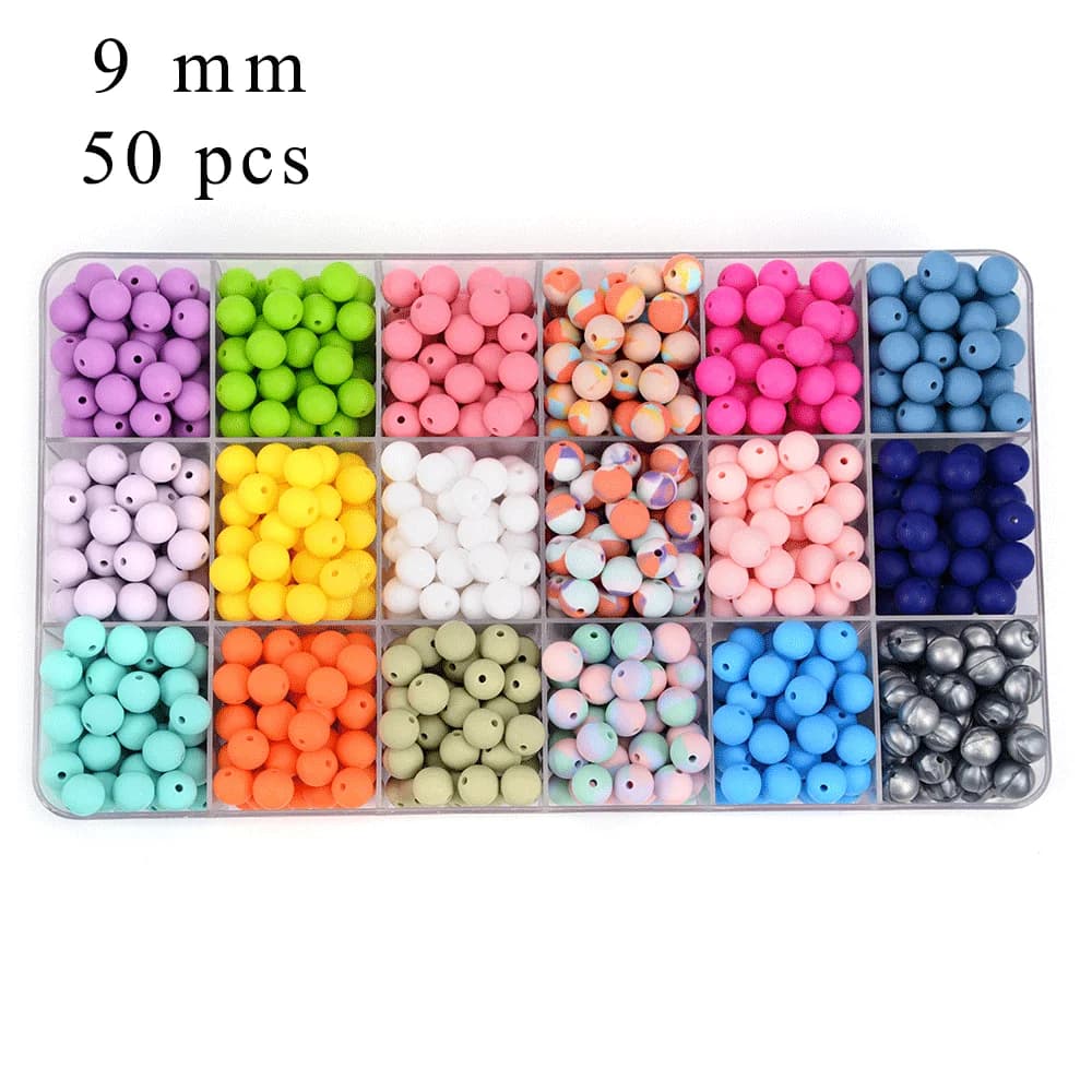 LOFCA 9mm 50 pezzi perline per dentizione in silicone massaggiagengive collana per allattamento per bambini clip ciuccio igiene orale BPA gratuito per uso alimentare colorato