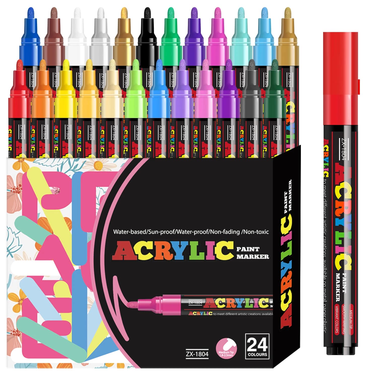 Set di pennarelli acrilici vibranti da 12/18/24 pezzi, pennarelli a punta media (2-3 mm) per pittura su roccia, carta nera, decorazione di skateboard