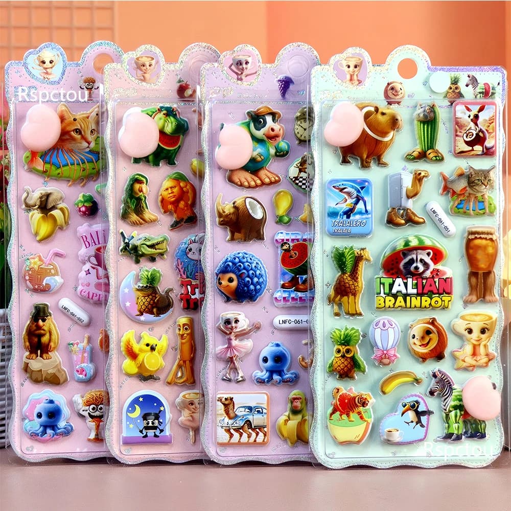 4PCS Cervello Italiano 3D Rilievo Natiche Felice Adesivi Tung Sahur Animale Bolla Decalcomanie Cassa Del Telefono Adesivo Decorativo