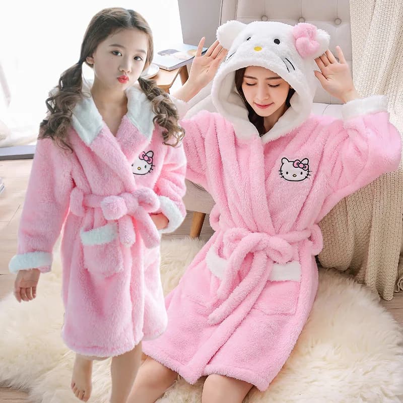 Hot Kawaii Hello Kitty Pigiama Girls Night Shirt Sanrio For Kids Autumn and Winter Bathrobe with Hood Casual Top Clothing Set for Home