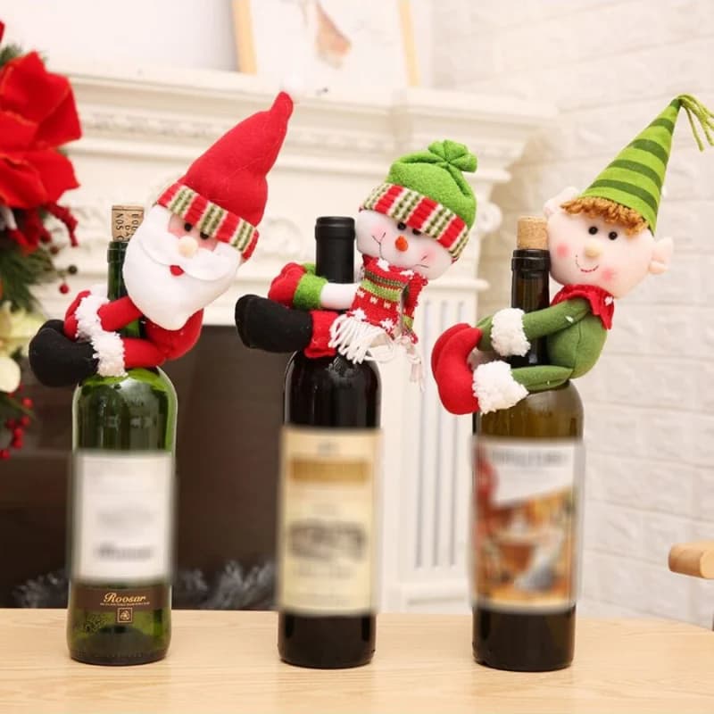 Tappi per bottiglie di vino di Natale, cappelli decorativi di Babbo Natale, set di sacchetti di vino, decorazioni festive per la tavola per feste, accessori natalizi