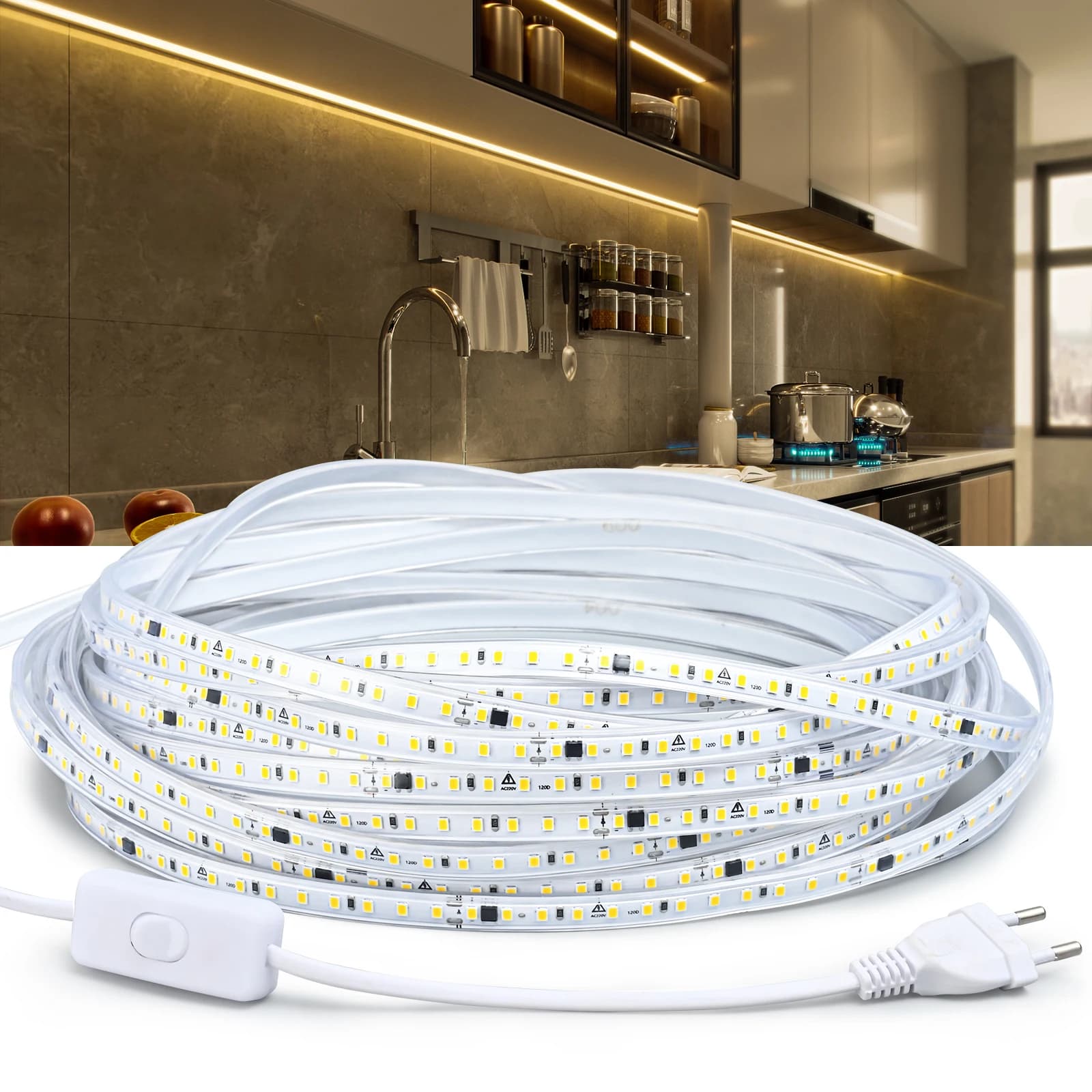 Striscia LED impermeabile 220V ad alta luminosità 120LED/m per la decorazione domestica cucina luce da giardino esterna a LED con interruttore