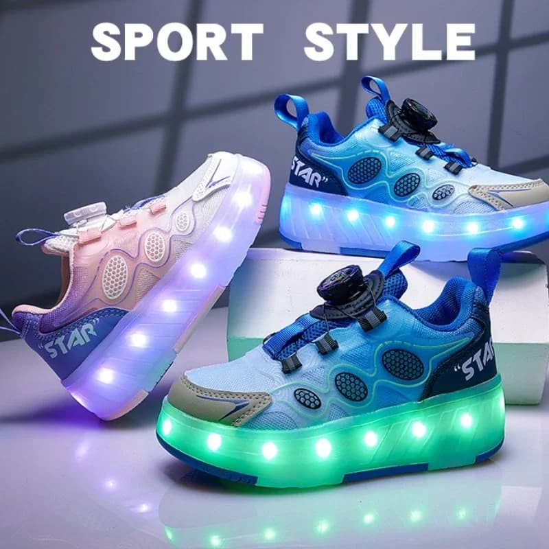 Scarpe da pattinaggio a rotelle per bambini Scarpe da passeggio durevoli anti-collisione Luci a LED Scarpe da skate a quattro ruote con ricarica USB per bambini