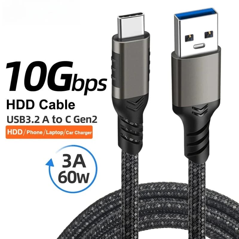USB3.2 10Gbps USB A to Type C Braided Cable 60W 3A Fast Charging Data Cord For Android Laptop External SSD Mobile Hard Drive