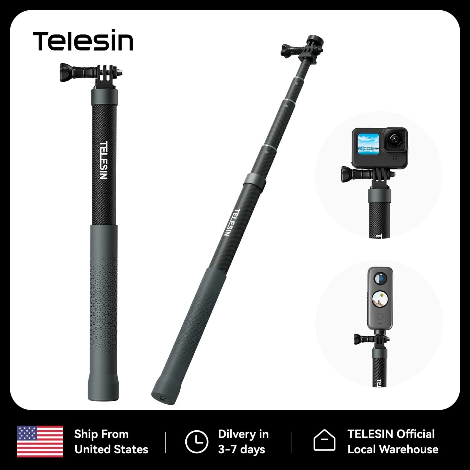 TELESIN 120cm/300cm Carbon Fiber Invisible Selfie Stick Waterproof Extension Pole for Insta360 X5 Xtra Muse Luna Ultra, GoPro Hero 13-5, DJI Osmo Action 6 5 4 Pocket 4 3