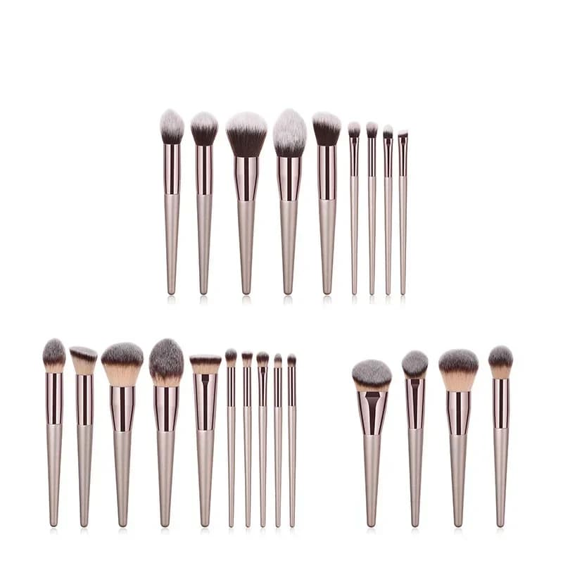Set of champagne makeup brushes for foundation powder, fard, umbrella, concealer, lips, eyes, make-up, cosmetics, beauty tools