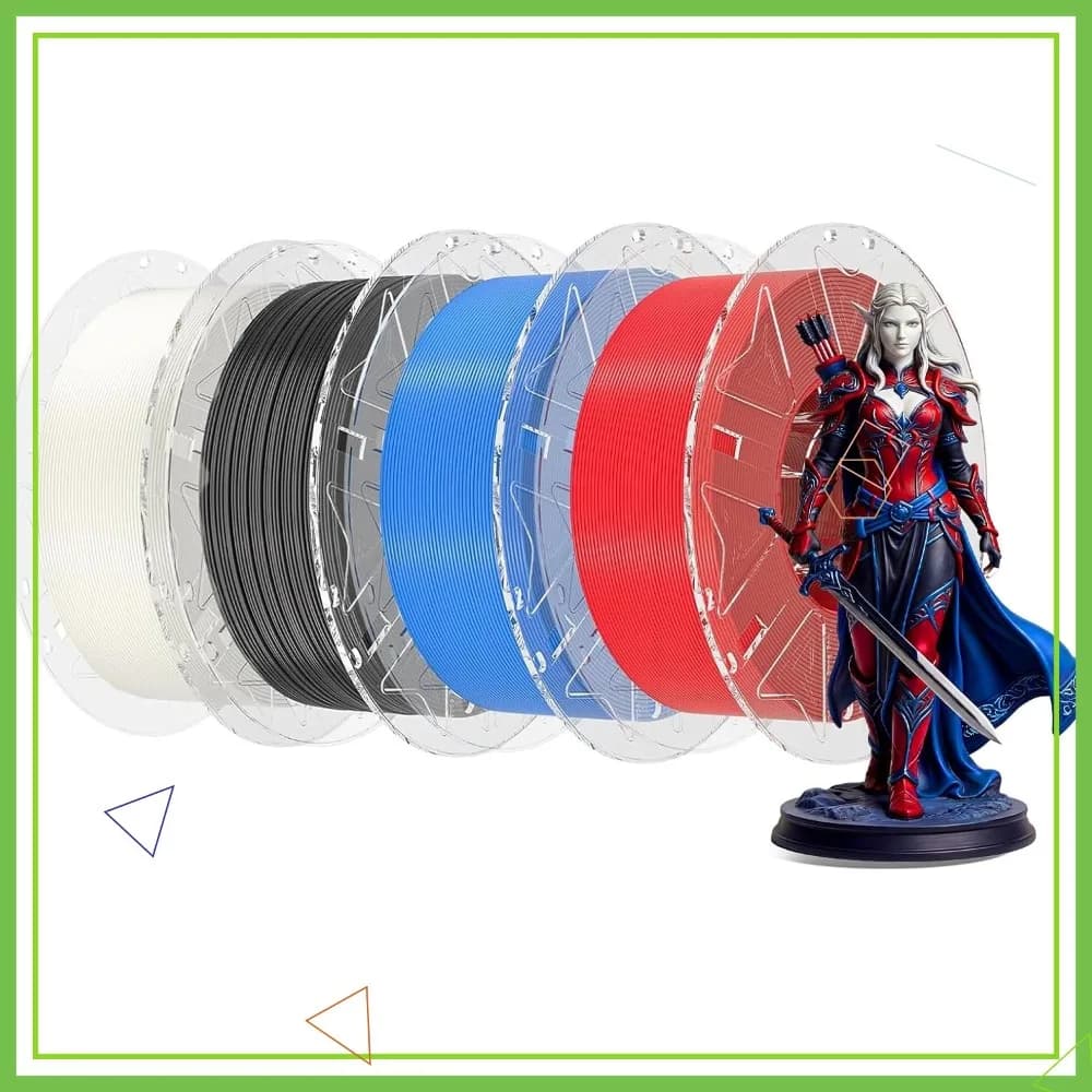 Filamento per Stampante 3D Hyper PLA 1.75mm, Set di 4 Bobine Nero+Bianco+Blu+Rosso, Senza Grovigli, Alta Precisione, 1KG Ciascuno