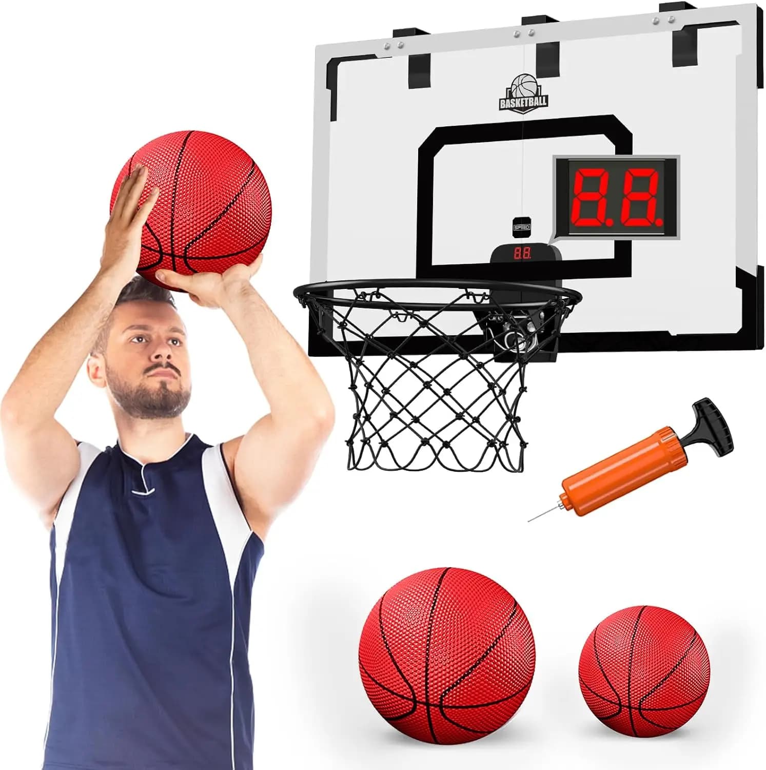 Canestro da basket grande da interno per adulti, 60x40 cm da appendere alla porta con tabellone elettronico, tabellone robusto, regalo divertente per uomini