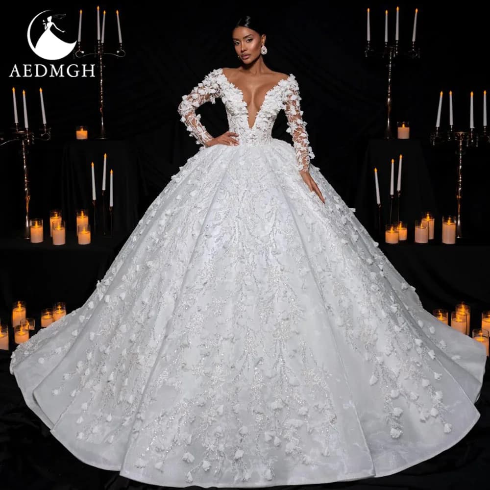 Aedmgh Ball Gown Luxury Wedding Dresses V Neck Dress Novia Pizzo Beads Embroidery Royal Princess Custom Wedding Dresses