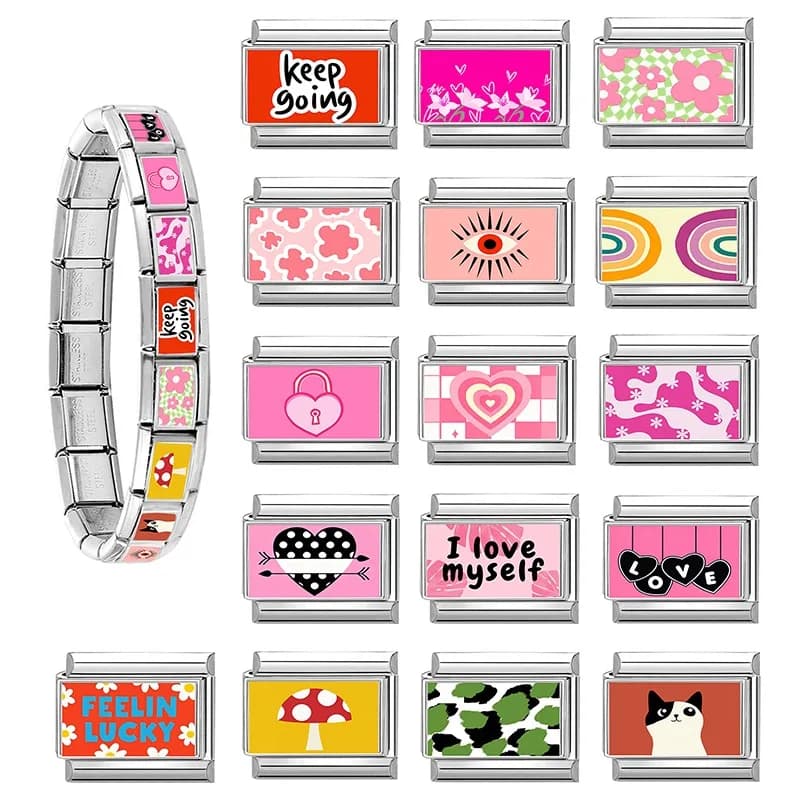2025 Y2K Series Heart Lock Flower English Words Pink Italian Charm Link Fit 9mm Stainless Steel Bracelet DIY Making Jewelry Gift