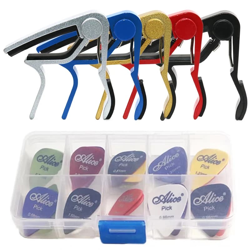 Set di plettri e capotasto per chitarra Accessorio per chitarra Capotasto universale multifunzione in lega metallica per chitarra acustica elettrica/basso/ukulele TMZ