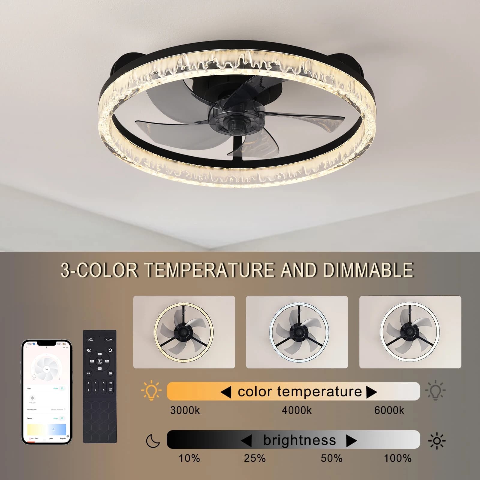 Lampada da soffitto a LED in cristallo nordico con ventilatore da soffitto Ventilatore da soffitto CC per camera da letto a 6 velocità con ventilatori da soffitto telecomandati con lampada