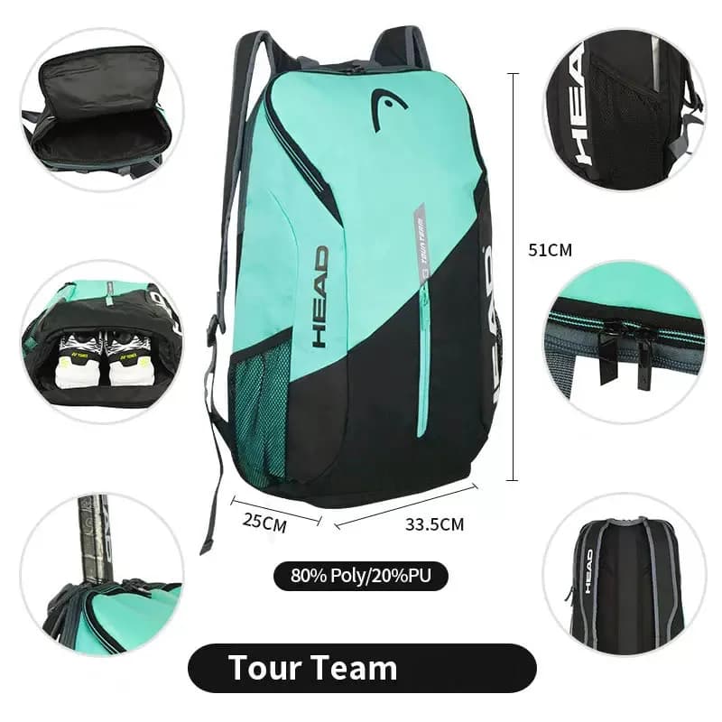 High Capacity HEAD Tour Team Tennis Backpack With Camera Satin Bag With Shoe Bag