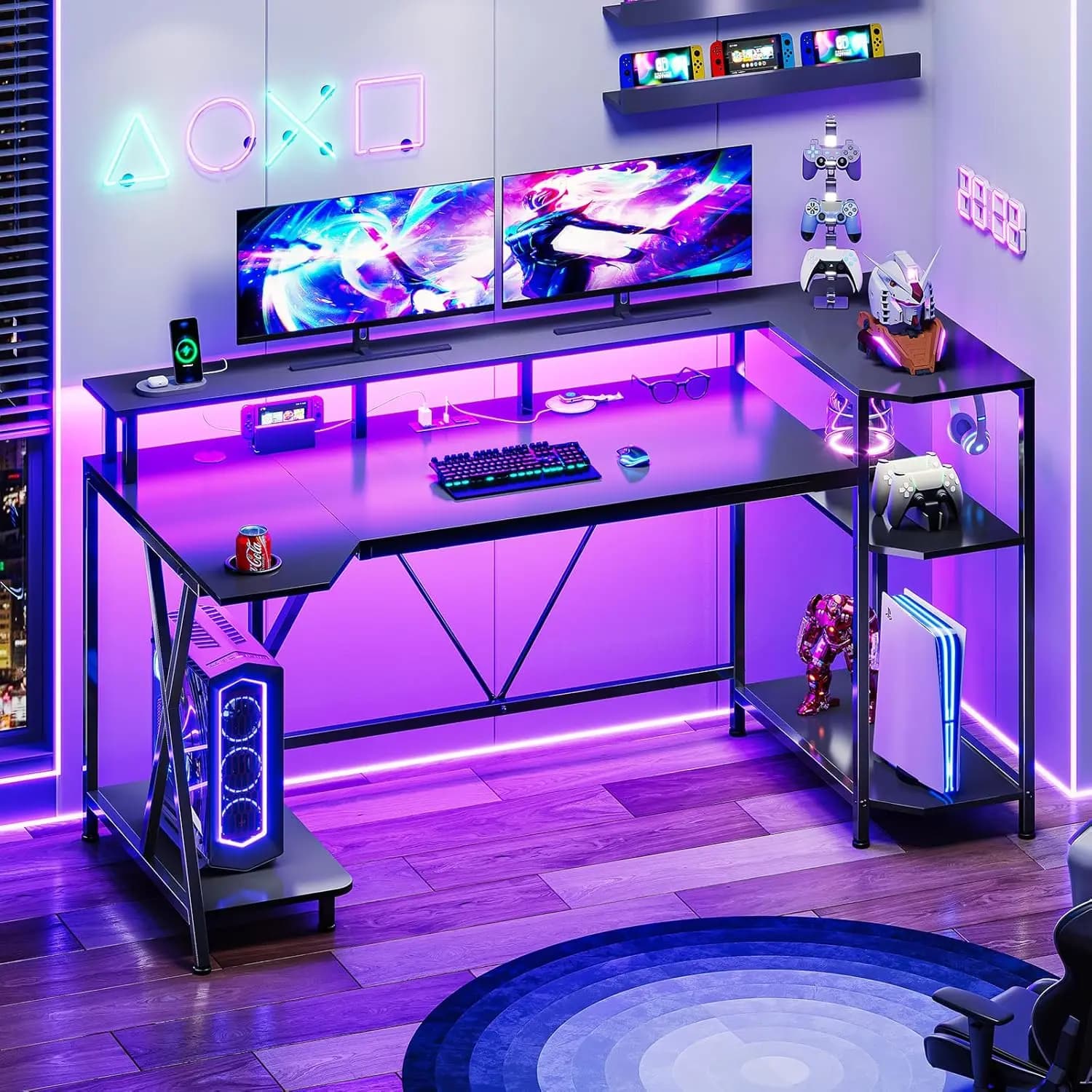 Desktop from Gaming 55 Inches with LED Lights, Storage shelves, Monitor support, Current sockets, Wallets, for Bedroom and Living Room, Black, Customizable